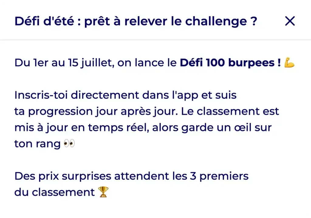 Pop-up d'annonce Hexfit sur mobile : défi d'été à relever avec classement et prix pour les 3 premiers