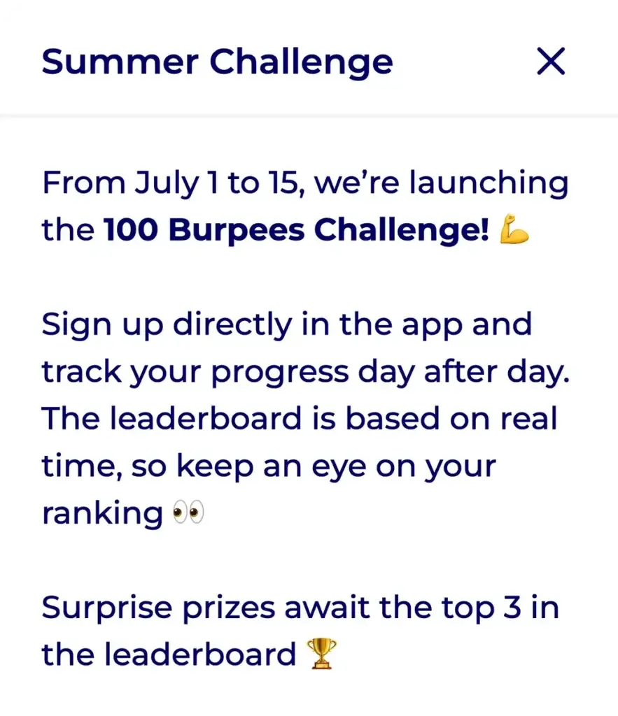 Hexfit announcement pop-up on mobile: summer challenge with real-time leaderboard and prizes for the top 3