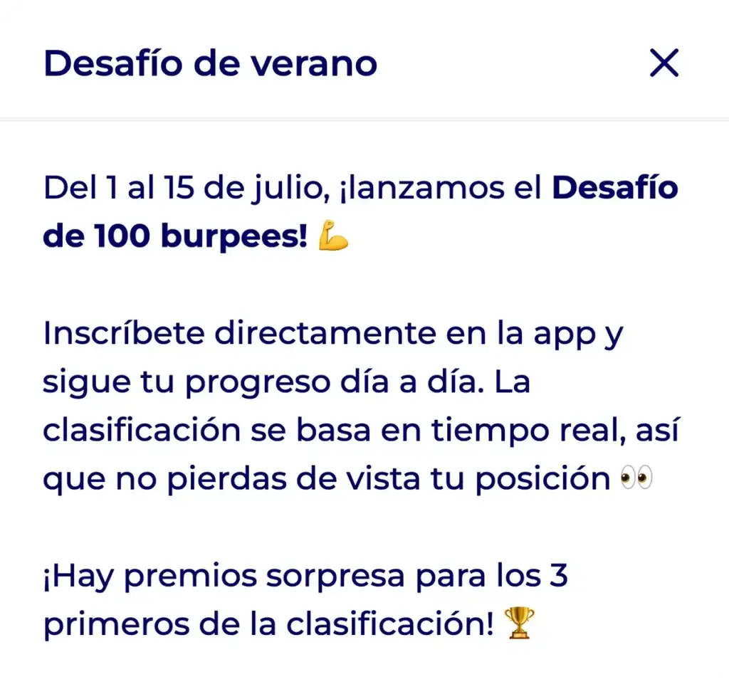 Ventana emergente de anuncio Hexfit en el móvil: reto de verano con clasificación y premios para los 3 primeros