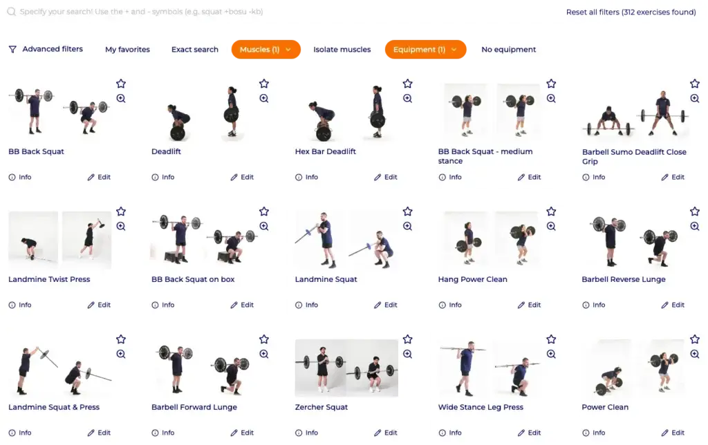 Hexfit Exercise Library for building a professional training program with exercises, sets, and AI assistance
