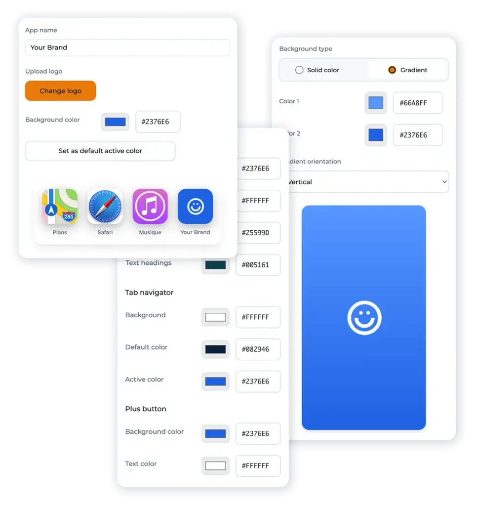 Hexfit online configurator to customize the name, logo and colors of a white label app