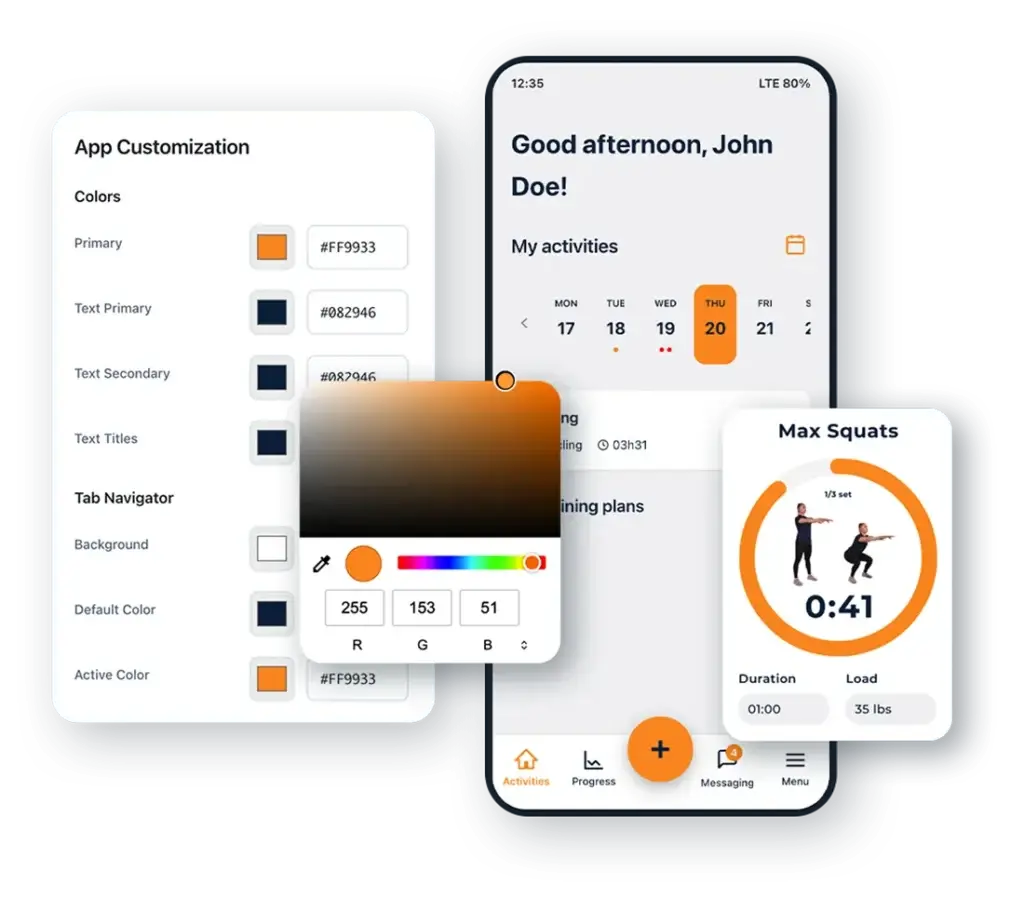White-label app color customization panel in Hexfit, next to a client's mobile dashboard and squat timer