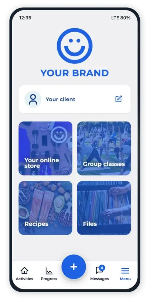 Home screen of a Hexfit white label app customized with a fitness studio's colors and logo, showing shop, group classes, recipes and files
