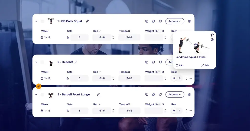 Hexfit workout builder showing sets, reps, and tempo for squat and deadlift exercises, with an exercise suggestion
